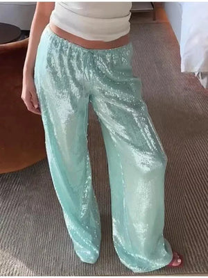 Light blue sequin wide leg pants with drawstring waist
