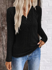 Ribbed V-neck Long Sleeve T-shirt in Grey, view 13