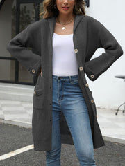 Longline gray knit button-down cardigan with hood and pockets