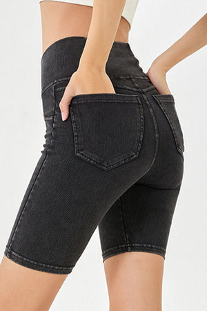 Black denim bermuda shorts with crisscross waistband and back pockets