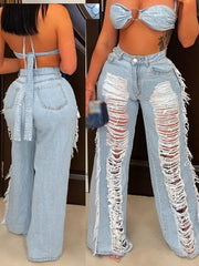 Fringe-detail Distressed Wide-leg Jeans