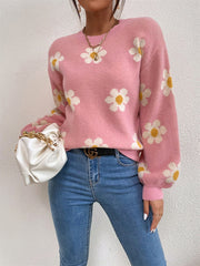 Daisy Field Puff Sleeve Knit sweater in Dusty Pink with allover white daisy print and puff sleeves.