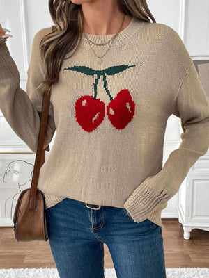Khaki acrylic knit jumper with a red cherry motif, crew neck, and long sleeves.