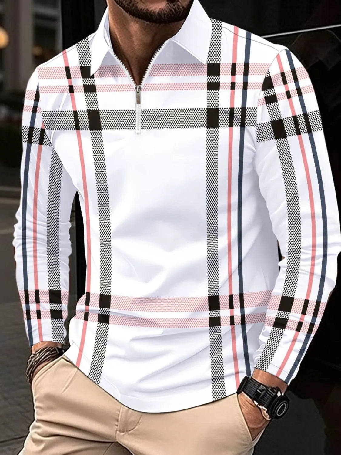 Graphic plaid zip polo shirt in white with black, pink, and blue stripes.