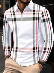 Graphic plaid zip polo shirt in white with black, pink, and blue stripes.