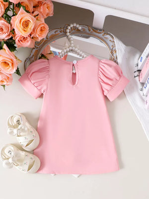 Children's Bow Puff Sleeve Dress in Pink, fabric detail