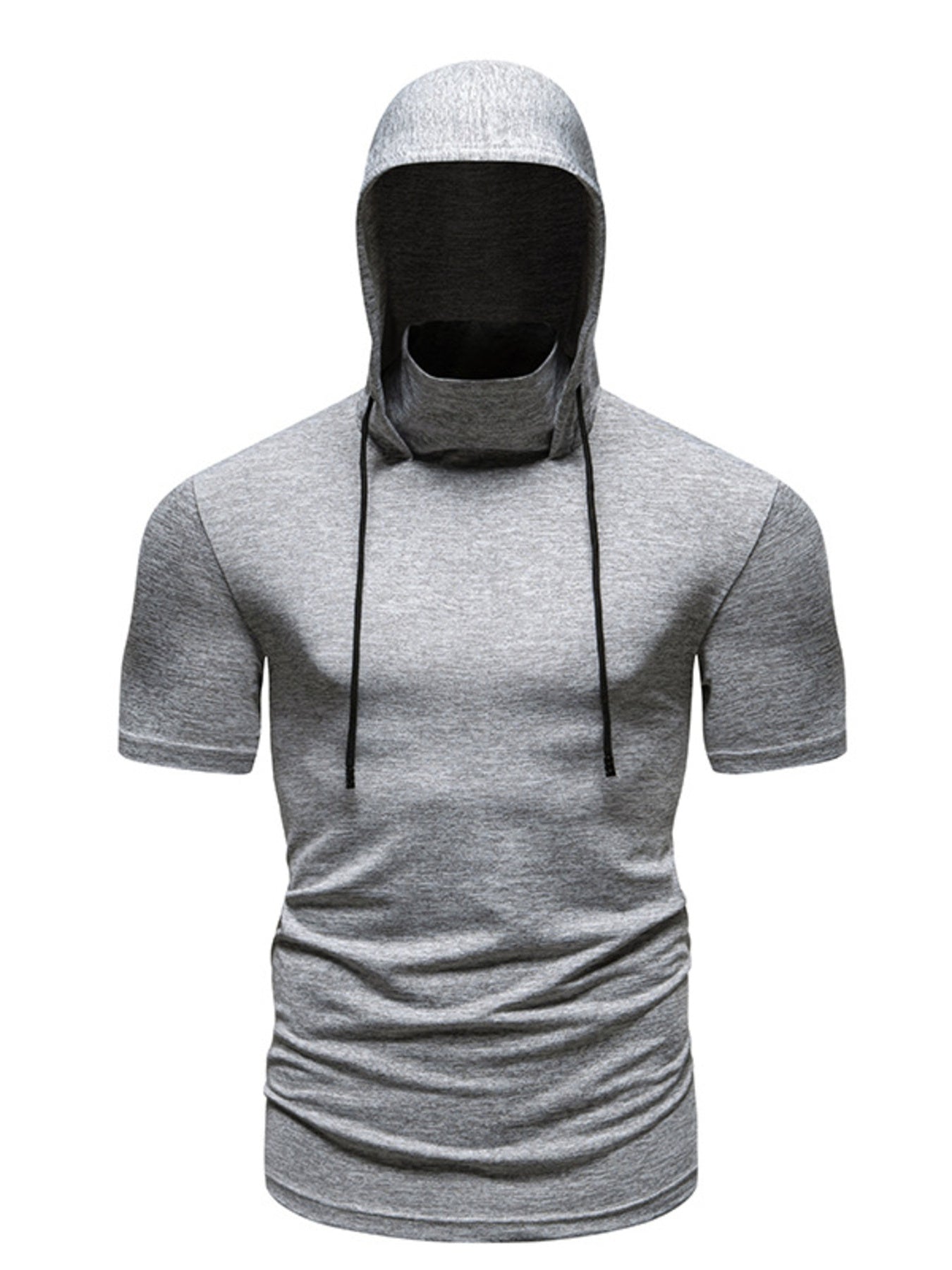 Men's light gray cotton hooded t-shirt with cowl neck and drawstring