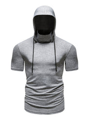 Men's light gray cotton hooded t-shirt with cowl neck and drawstring