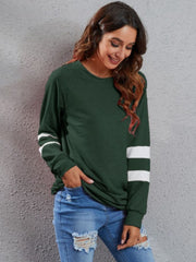 Dark Green sweatshirt dress with white varsity stripes on sleeves, 100% polyester.