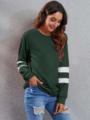 Dark Green sweatshirt dress with white varsity stripes on sleeves, 100% polyester.