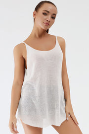 White ribbed knit cami with scoop neckline and thin straps
