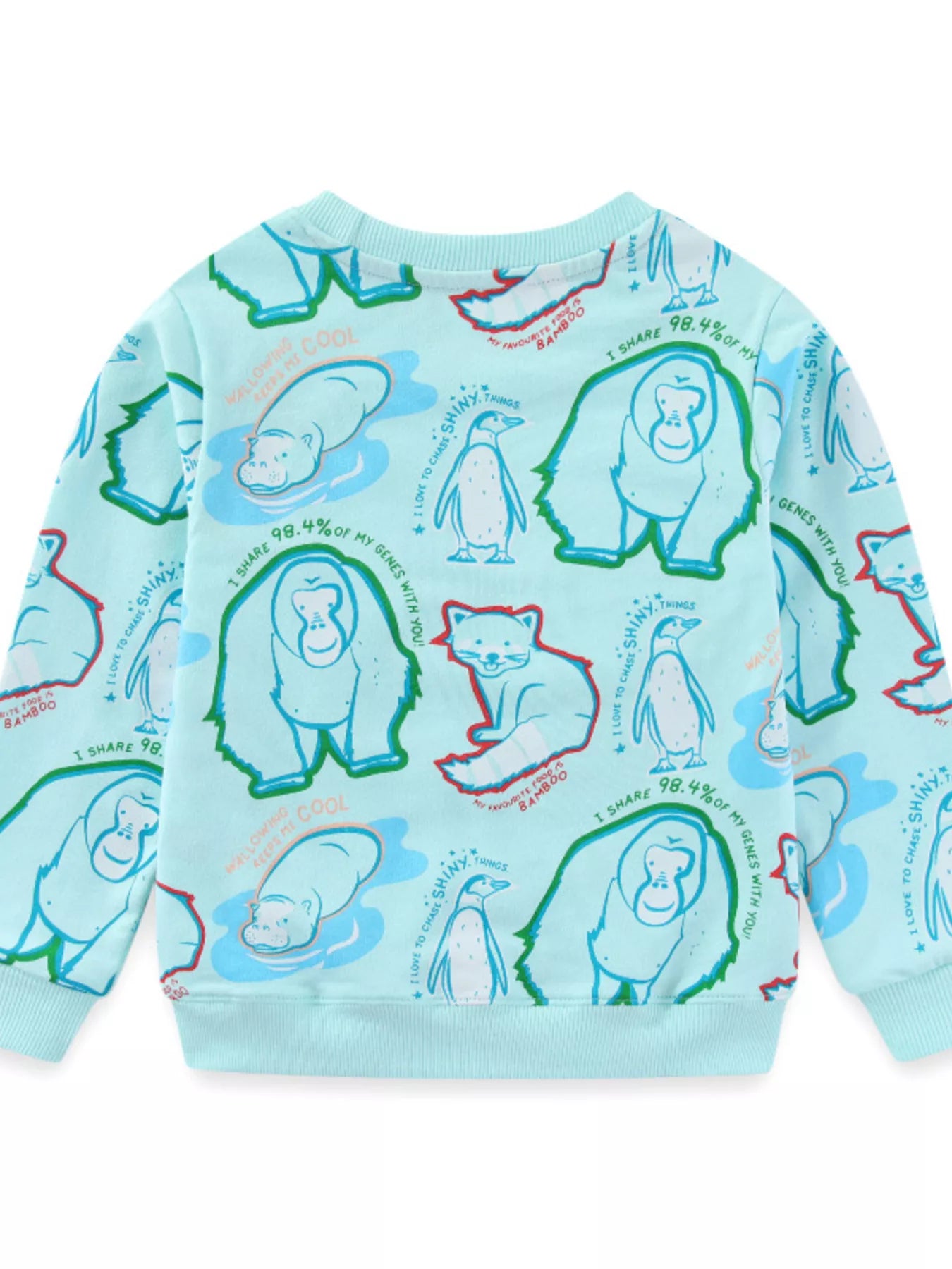 Baby sweatshirt in mint blue with playful animal print, cotton blend, crew neck, long sleeves.
