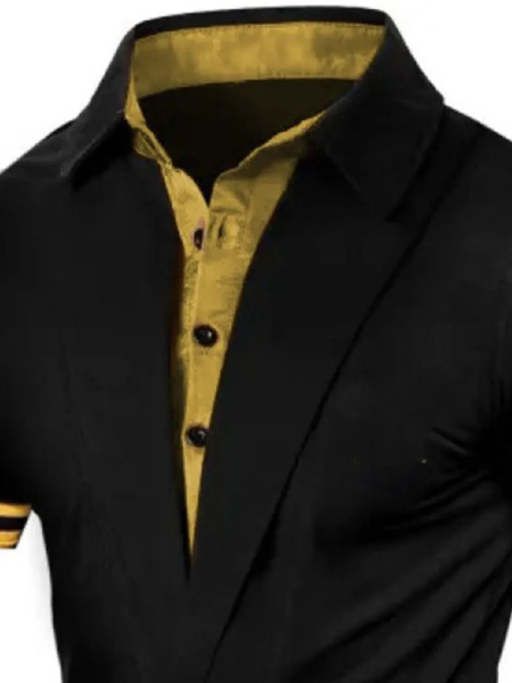 Black polo shirt with asymmetric lapel and gold contrast collar and placket.
