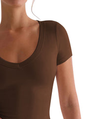 Brown V-neck second-skin tee with short sleeves and a seamless look.