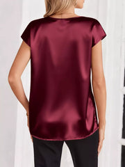 Wine Red satin V-neck blouse with short sleeves and a lustrous finish.