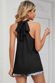 Black halter tank top with a bow detail on the back.