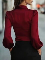 Elegant Satin Wrap Blouse With Bow Detail in Black, side view