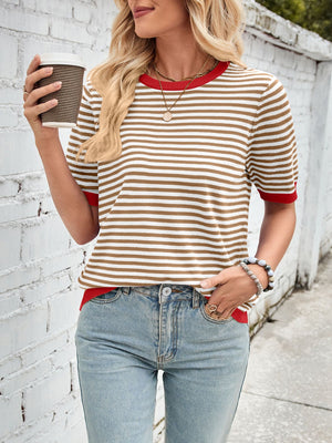 Striped knit tee with red trim and short sleeves.