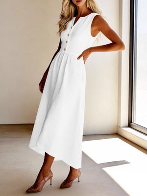 White sleeveless button front midi dress with a-line skirt.