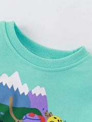 Kids' graphic sweatshirt in mint blue with ribbed crew neck and mountain scene.