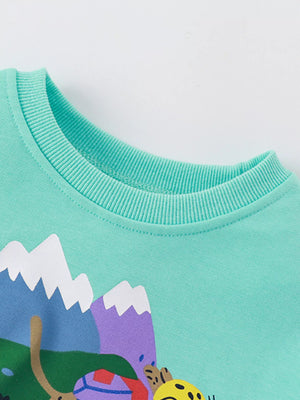 Kids' graphic sweatshirt in mint blue with ribbed crew neck and mountain scene.