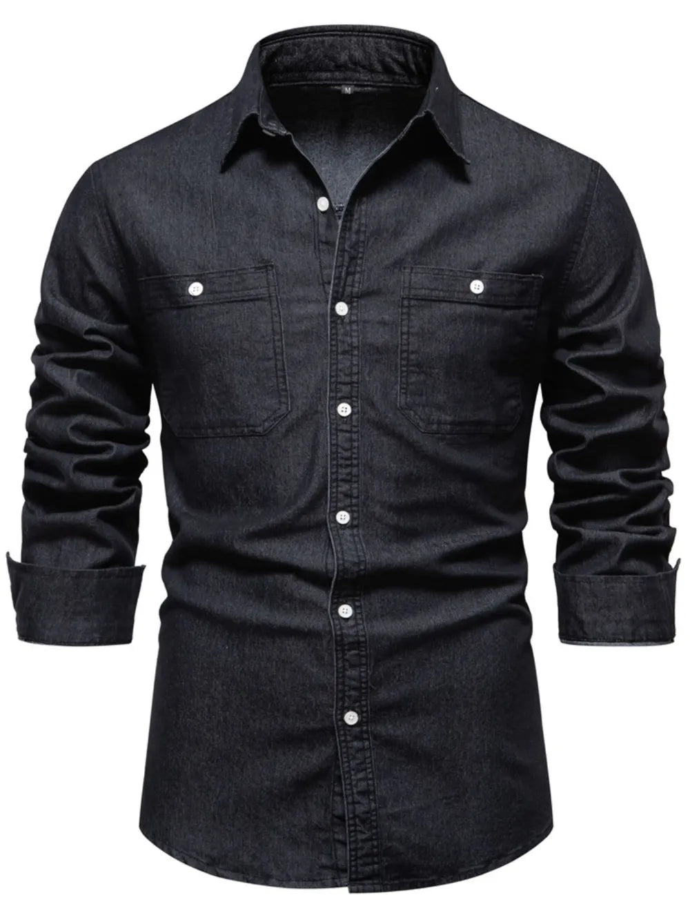 Black faded denim utility shirt with two chest pockets and button-up closure.