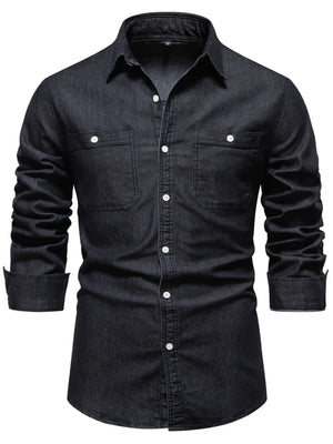 Black faded denim utility shirt with two chest pockets and button-up closure.