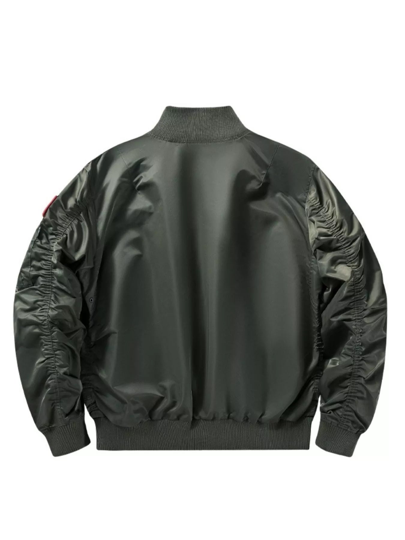 Bomber jacket in Moss green with ruched sleeves and ribbed collar, cuffs, and hem.
