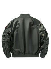 Bomber jacket in Moss green with ruched sleeves and ribbed collar, cuffs, and hem.