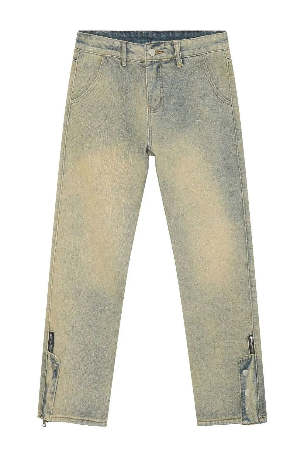 Light wash denim jeans with distressed details and split hems with zippers and snap buttons.