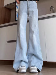 Light blue distressed full-length flare jeans with a cotton blend fabric.