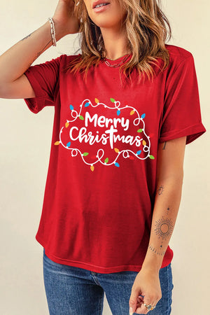Red round neck tee with Merry Christmas lights graphic