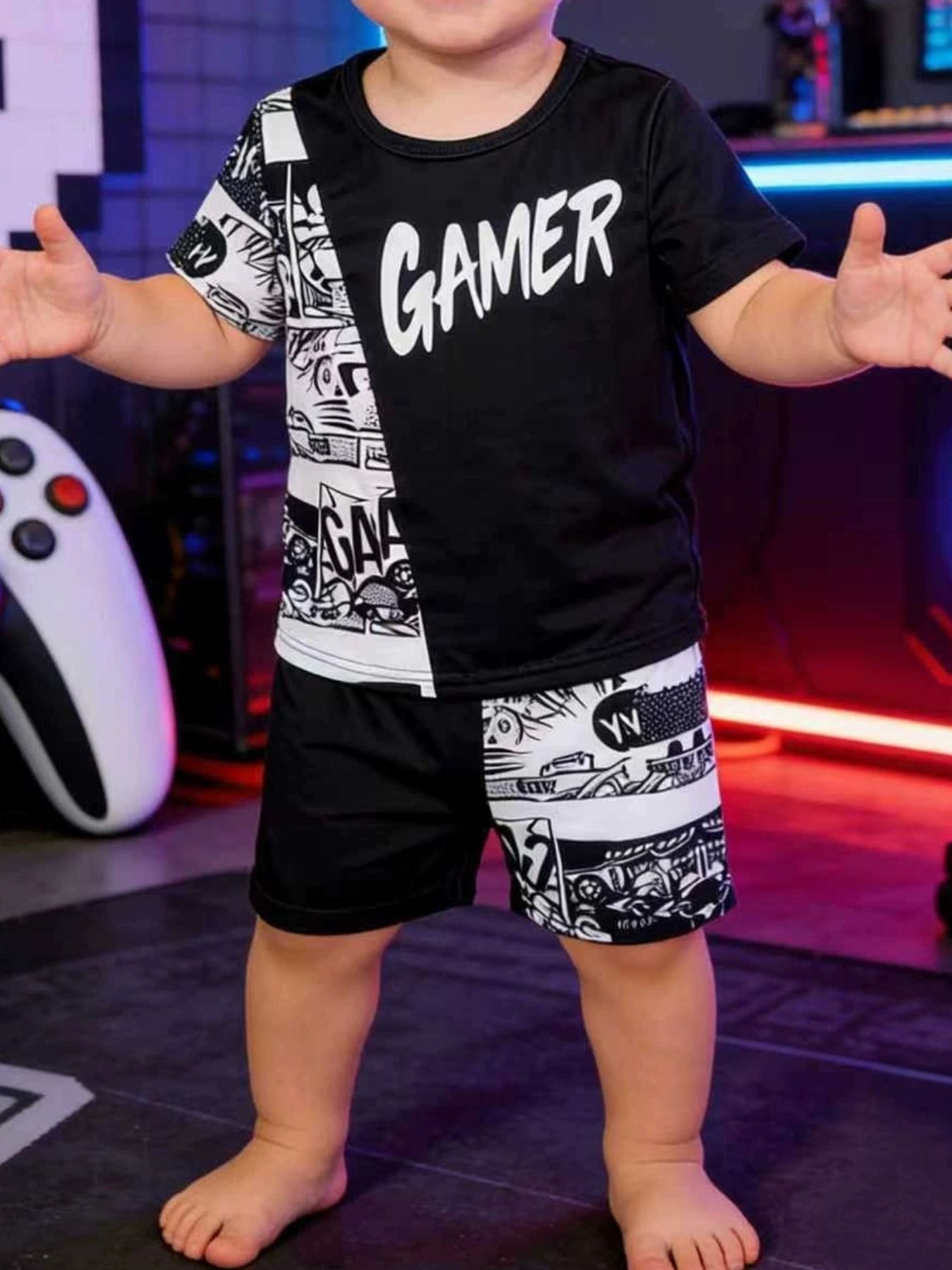 Toddler tee and shorts set, black, casual, comfortable, gamer print
