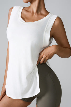 White performance tank top with asymmetric hemline and scoop neck.