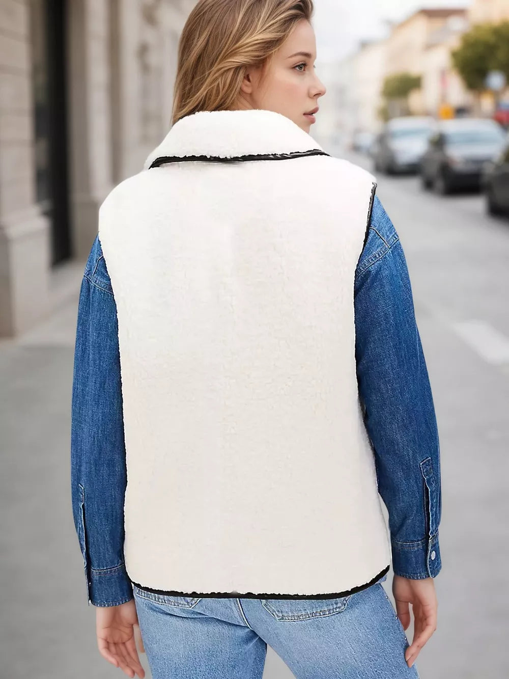 Cozy white sherpa vest coat with black contrast trim, worn over a denim shirt.