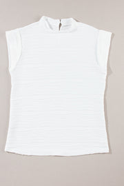 White textured wave cap-sleeve mock neck blouse with a back zipper closure.