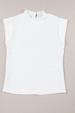 White textured wave cap-sleeve mock neck blouse with a back zipper closure.