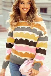 Scalloped stripe off-the-shoulder sweater in camel and red with boatneck and long sleeves.