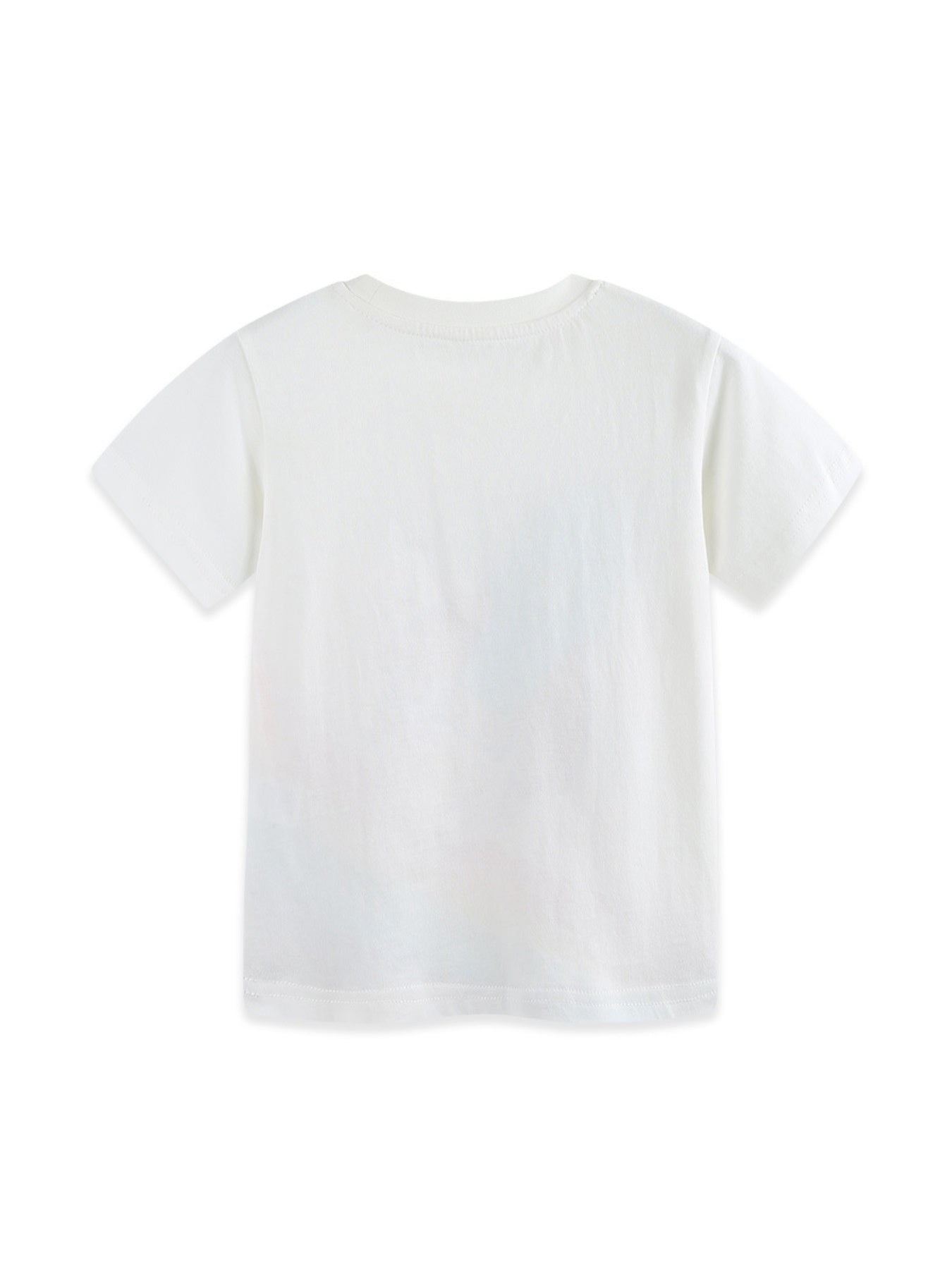 White cotton crew neck t-shirt with a rocket graphic on the front.