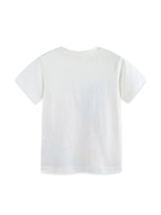 White cotton crew neck t-shirt with a rocket graphic on the front.
