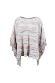Multicolor knit poncho with fringe detail and crew neck, styled for casual wear.