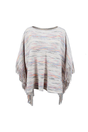 Multicolor knit poncho with fringe detail and crew neck, styled for casual wear.