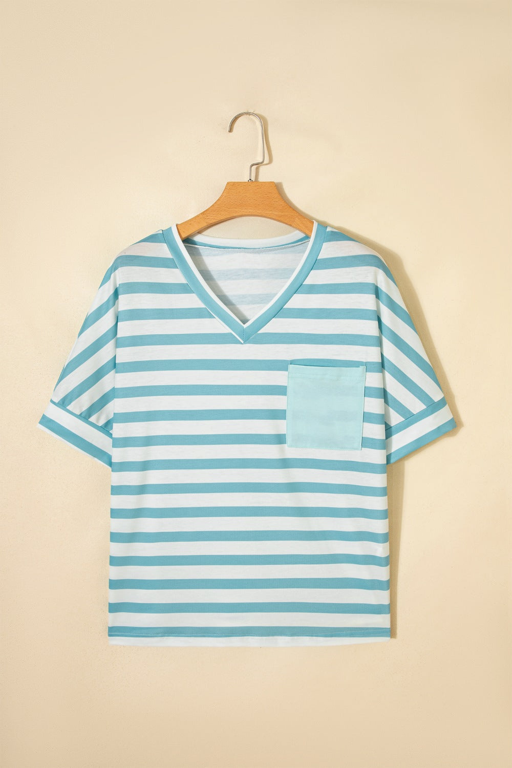 Teal and white striped V-neck t-shirt with a chest pocket.