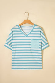 Teal and white striped V-neck t-shirt with a chest pocket.