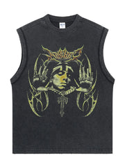 Black vintage wash graphic tank top with a distressed look and artistic print.