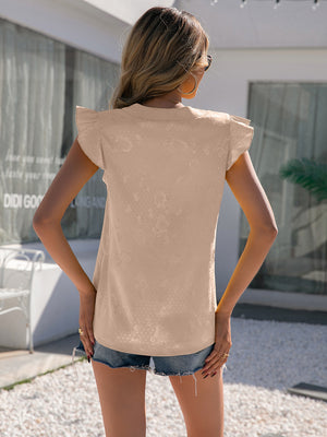 Yellow flutter sleeve keyhole jacquard blouse.