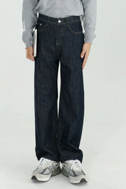 Dark wash wide-leg denim jeans with a relaxed fit and casual styling.