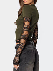 Military green cropped t-shirt with black lace sleeves and crew neck.