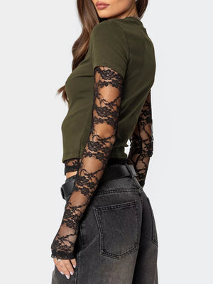 Military green cropped t-shirt with black lace sleeves and crew neck.
