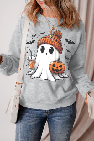 Gray crewneck sweatshirt with a cute ghost graphic, pumpkin, and bats.
